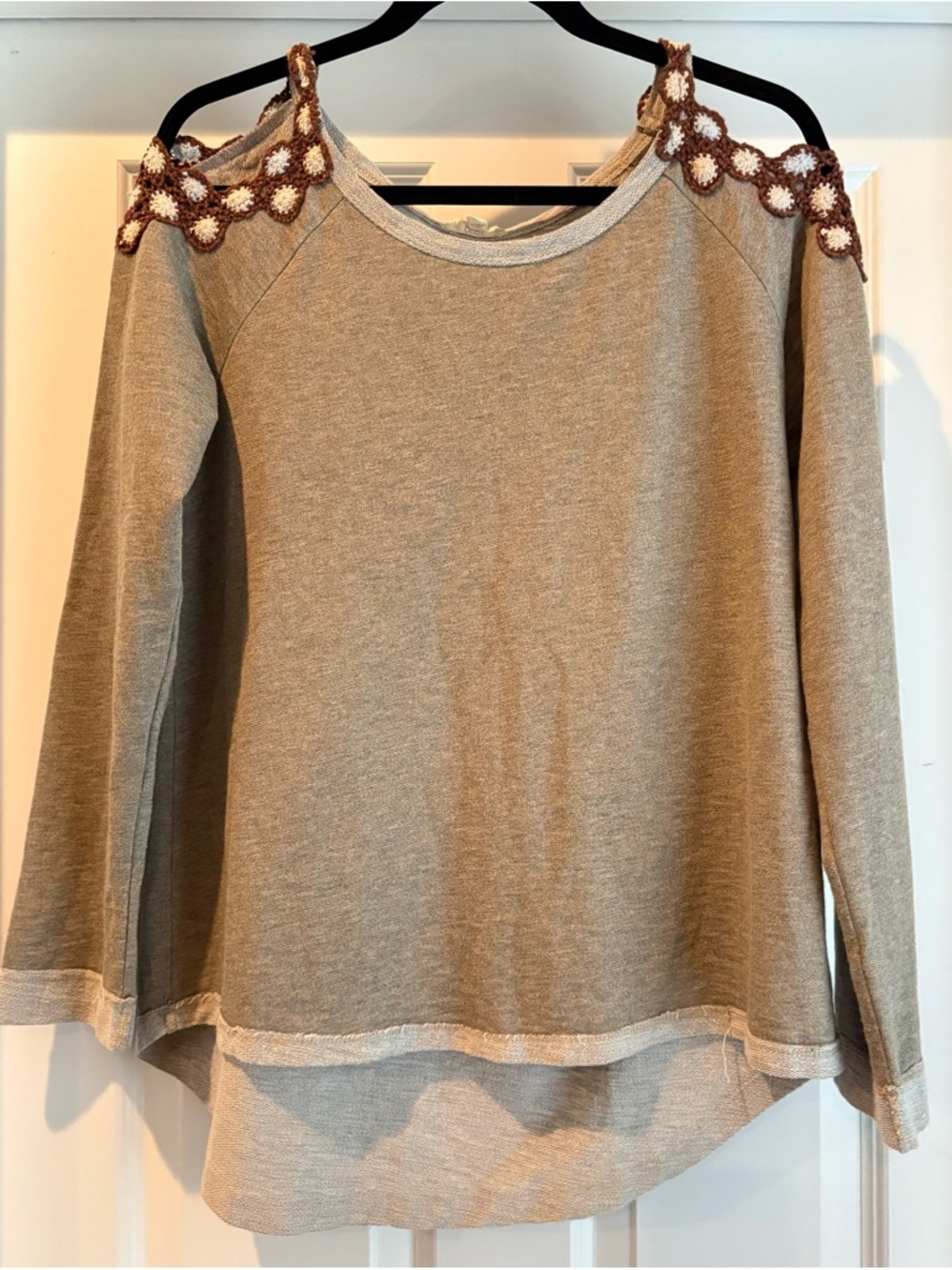 ODDY Taupe Cold-Shoulder Sweatshirt with Crochet Floral Trim